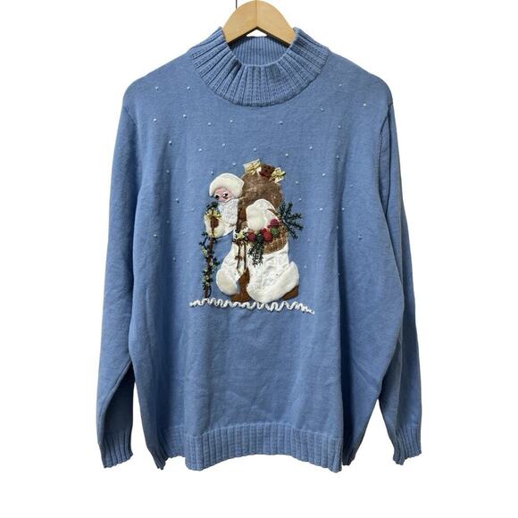 Quacker Factory Womens Santa Claus Beaded Christmas Sweater Size 1X Blue Holiday - Picture 1 of 7